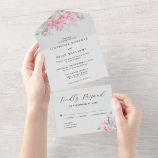 Rustic Blush Pink Watercolor Floral Wedding  All In One Invitation