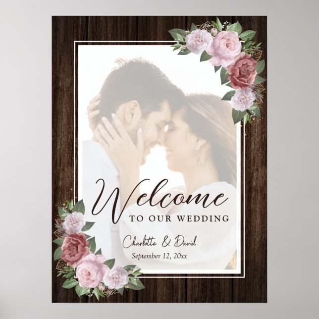 Rustic Blush Pink Wedding Photo Welcome Sign (Front)