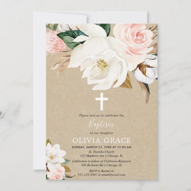 Rustic blush pink white floral girl baptism invitation (Front)