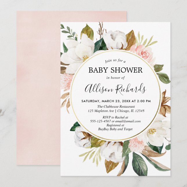 Rustic blush pink white magnolia floral girl invitation (Front/Back)