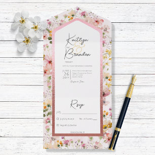 Rustic Blush Pink Wildflowers No Dinner All In One Invitation
