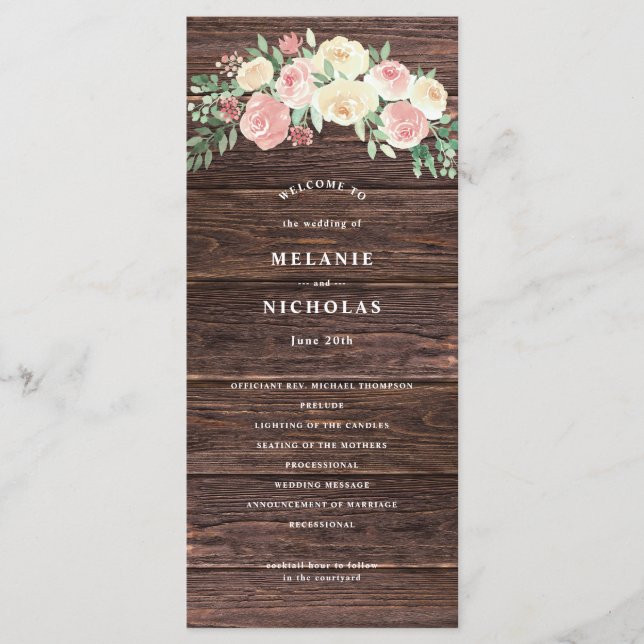 Rustic Blush rose Floral Programme de mariage (Devant)