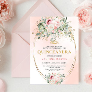 Rustic Blush Roses Eucalyptus Quinceañera Invite