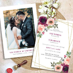 Rustic Blush Watercolor Floral Photo Wedding Invitation