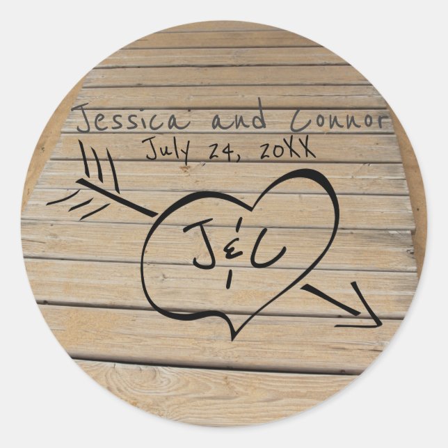 Rustic Boardwalk, Heart & Initials Beach Wedding Classic Round Sticker (Front)