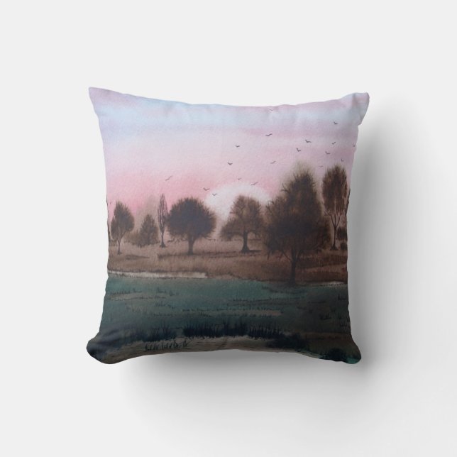 rustic boggy woodland autumn Landscape sunset sky Throw Pillow (Front)