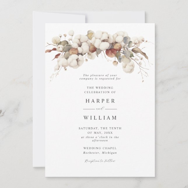 Rustic bohemian cotton & eucalyptus wedding invitation (Front)