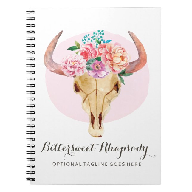 Rustic Bohemian Cow Skull Watercolor Blush Floral Notebook (Front)
