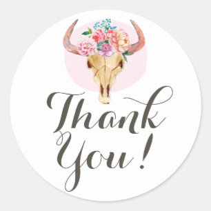 Rustic Bohemian Cow Skull Watercolor Thank You Classic Round Sticker