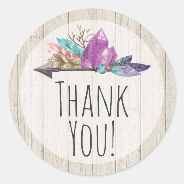 Rustic Bohemian Crystals & Arrow Wood Thank You Classic Round Sticker (Front)