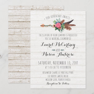 Rustic Bohemian Feathers Arrow Wedding Invitation