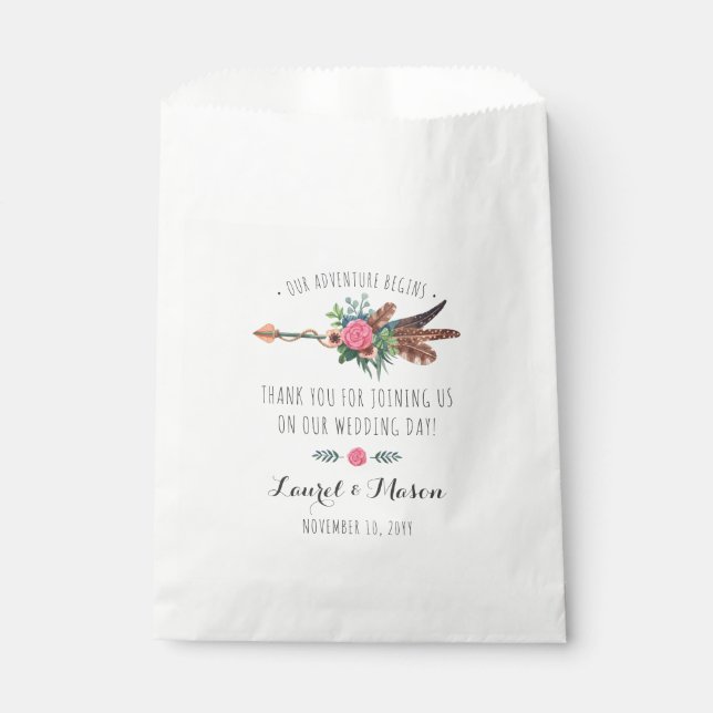 Rustic Bohemian Feathers Arrow Wedding Thank You Favour Bag (Front)