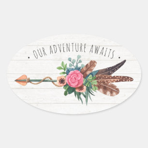 Rustic Bohemian Feathers & Rose Arrow Wedding Oval Sticker