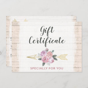 Rustic Bohemian Floral Arrow Gift Certificate Card