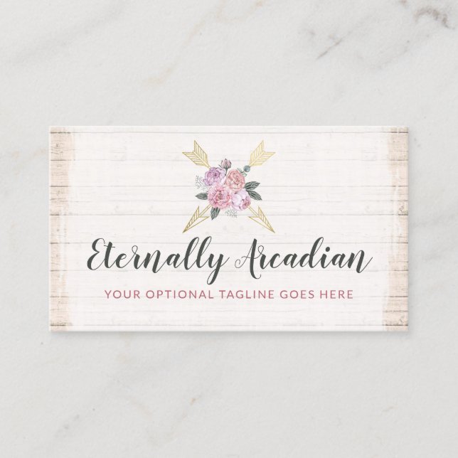 Rustic Bohemian Floral Arrows Blush Pink Gold Boho Business Card (Front)