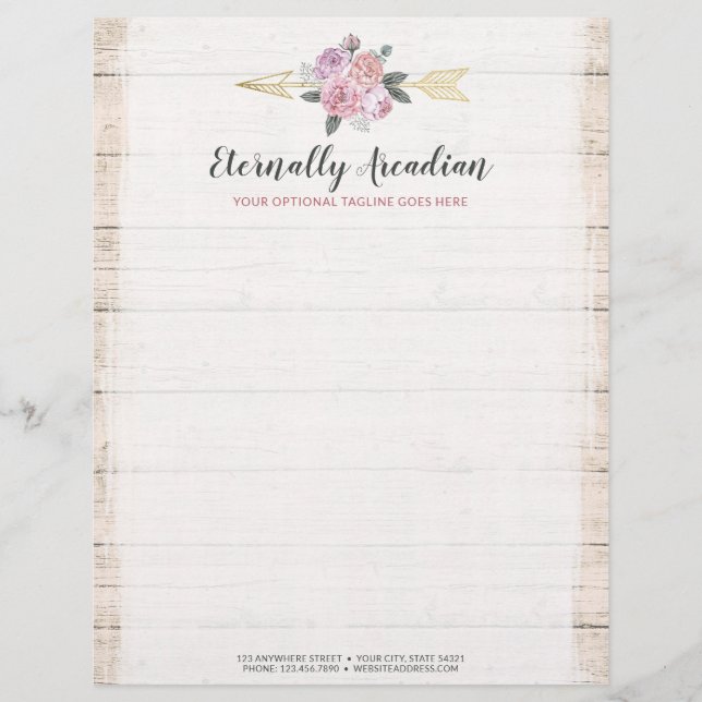 Rustic Bohemian Floral Arrows Blush Pink Gold Boho Letterhead (Front)