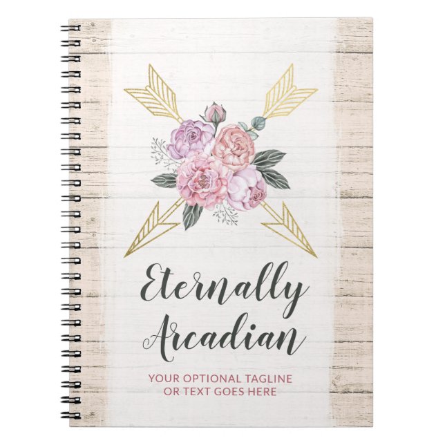 Rustic Bohemian Floral Arrows Blush Pink Gold Boho Notebook (Front)