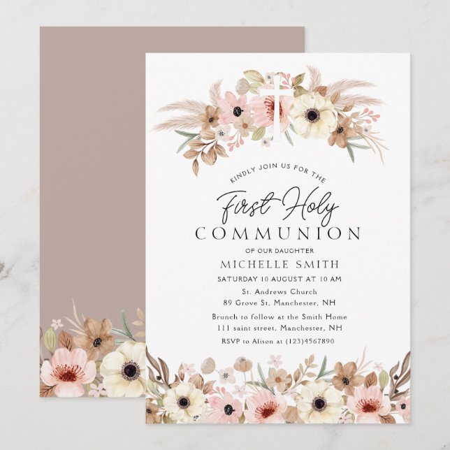 rustic bohemian floral modern first holy communion invitation (Front/Back)
