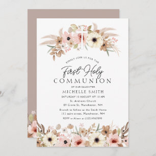 rustic bohemian floral modern first holy communion invitation