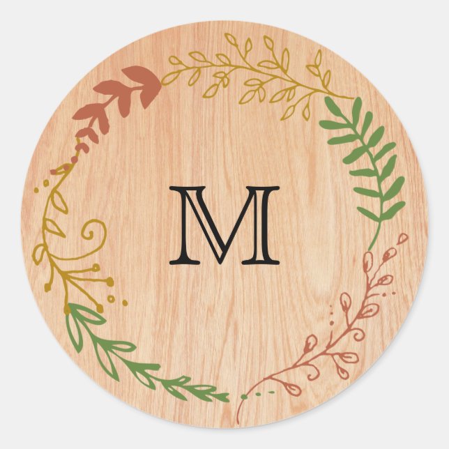 Rustic Bohemian Foliage Wreath on Wood Classic Round Sticker (Front)