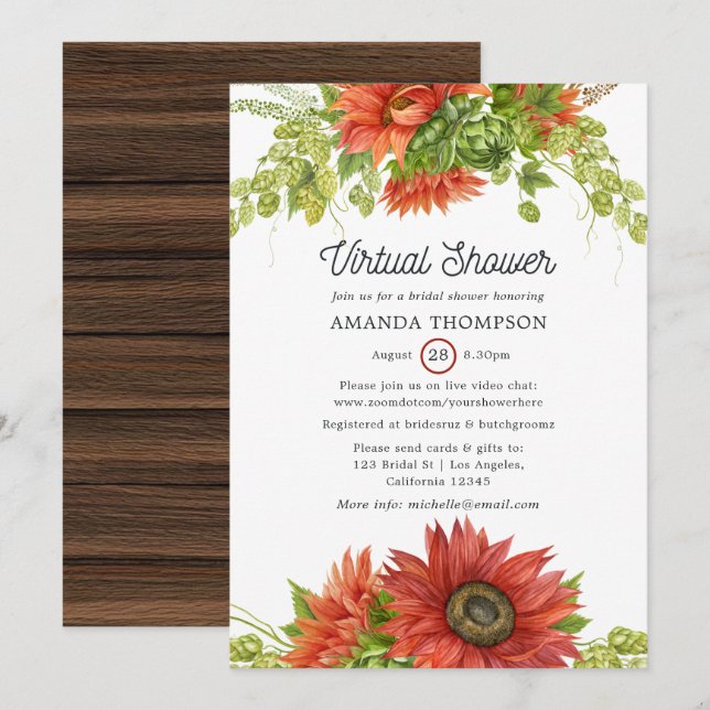 Rustic Bohemian Red Sunflower Virtual Shower Invitation (Front/Back)