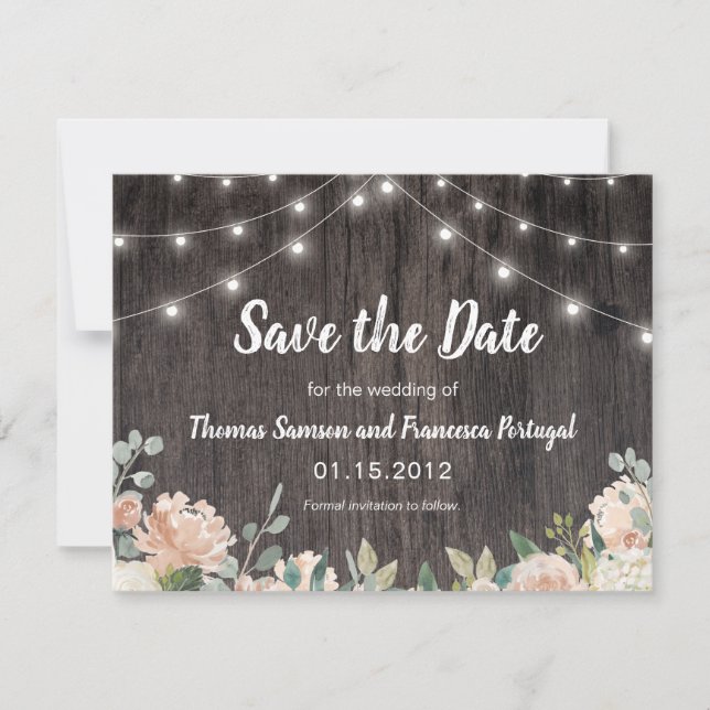 Rustic Bohemian String Lights Floral Save the Date (Front)