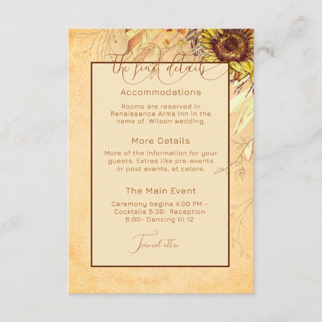 Rustic Bohemian Sunflower Wedding Enclosure Card (Front)