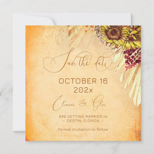 Rustic Bohemian Sunflower Wedding Save The Date (Front)