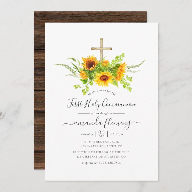 Rustic Bohemian Sunflowers Holy Communion Invitation (Front/Back)