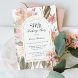 Rustic Boho Arch Frame Floral 80th Birthday Party Invitation<br><div class="desc">Celebrate an important milestone birthday with this wonderfully beautiful rustic boho watercolor floral 80th birthday party invitation. It has a sumptuous neutral colour palette in beige, green, peach, and tinges of pink and terracotta. A beautiful arched frame with gold accent adds elegance to the design. The back of the invitation...</div>