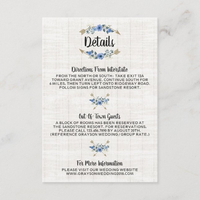 Rustic Boho Arrows & Floral Details / Directions Enclosure Card (Front)