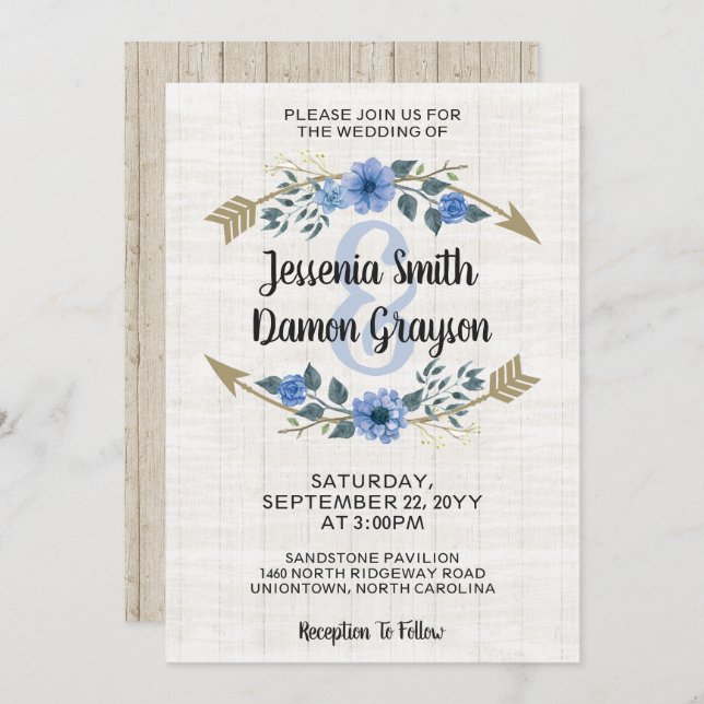 Rustic Boho Arrows & Floral Wedding Invitation (Front/Back)