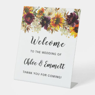 Rustic Boho Autumn Floral Wedding Welcome  Pedestal Sign