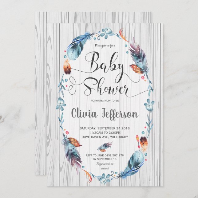 Rustic Boho Baby Boy Shower Tribal Feathers Invitation (Front/Back)