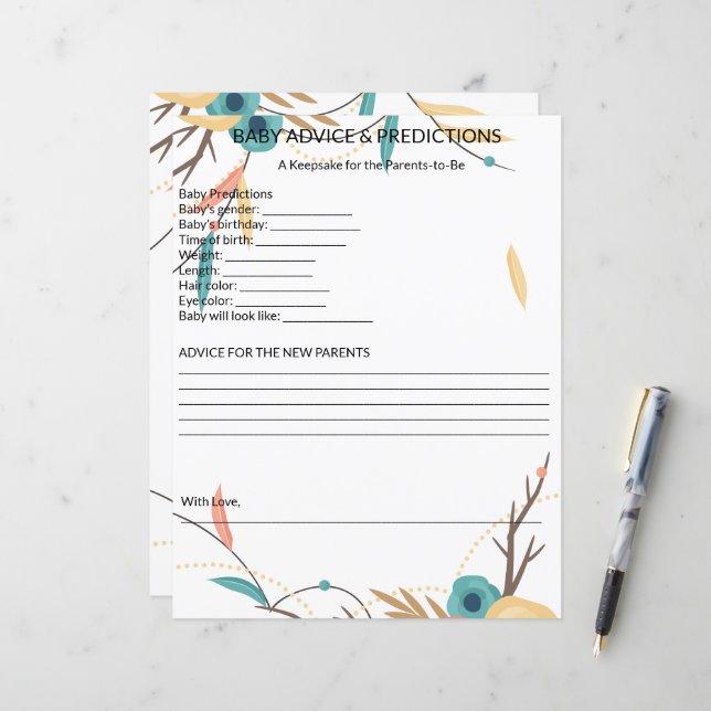 Rustic Boho Baby Shower Baby Advice & Predictions (Front/Back In Situ)