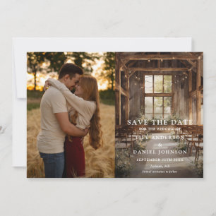 Rustic Boho Barn String Lights Wedding Photo Save The Date