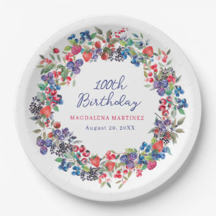 Rustic Boho Berry Summer 100th Birthday Custom Paper Plate