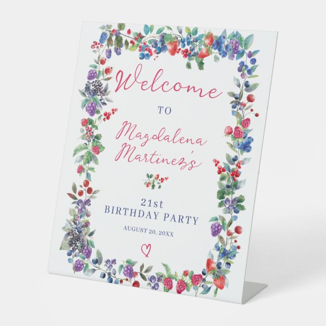 Rustic Boho Berry Summer 21st Birthday Welcome Pedestal Sign (Front)