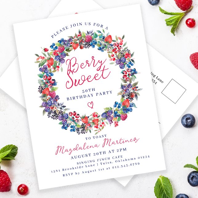 Rustic Boho Berry Sweet Summer 50th Invitation Postcard (Creator Uploaded)