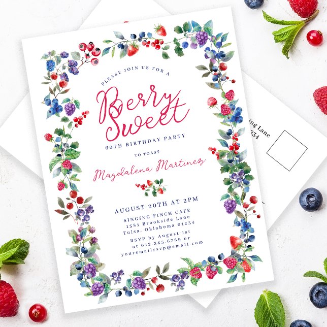 Rustic Boho Berry Sweet Summer 60th Invitation Postcard (Creator Uploaded)