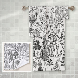Rustic Boho Black and White Tree Pattern Bath Towel Set