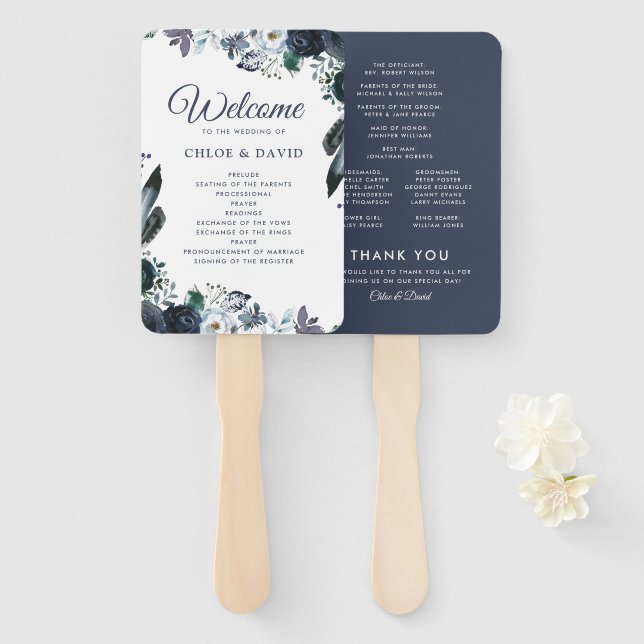Rustic Boho Blue Floral Wedding Program Hand Fan (Front and Back)