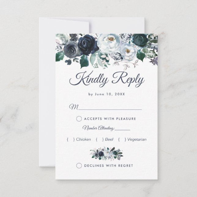 Rustic Boho Blue Floral Wedding RSVP with Menu (Front)
