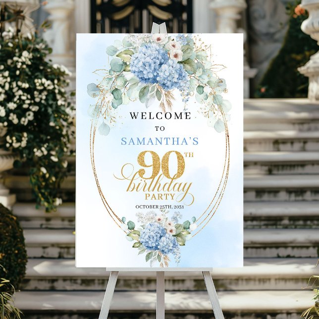 Rustic Boho Blue Hydrangeas 90th birthday welcome Poster (Rustic Boho Blue Hydrangeas 90th birthday welcome)