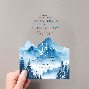 Rustic Boho Blue Watercolor Mountain Wedding Acrylic Invitations
