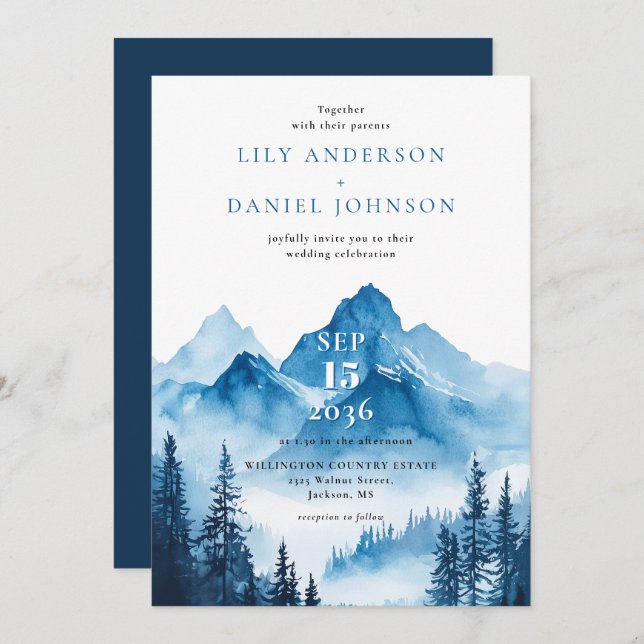 Rustic Boho Blue Watercolor Mountain Wedding Invitation (Front/Back)