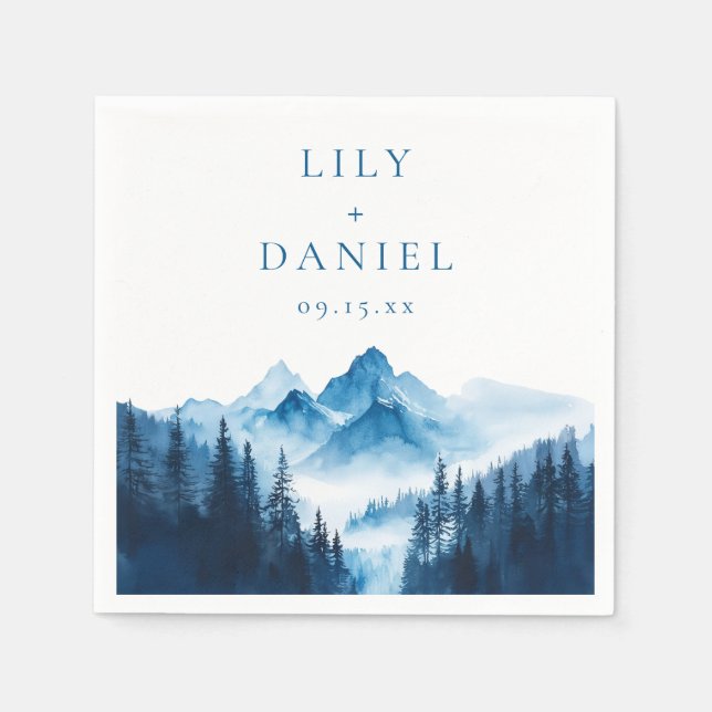 Rustic Boho Blue Watercolor Mountains Wedding Napkin (Front)