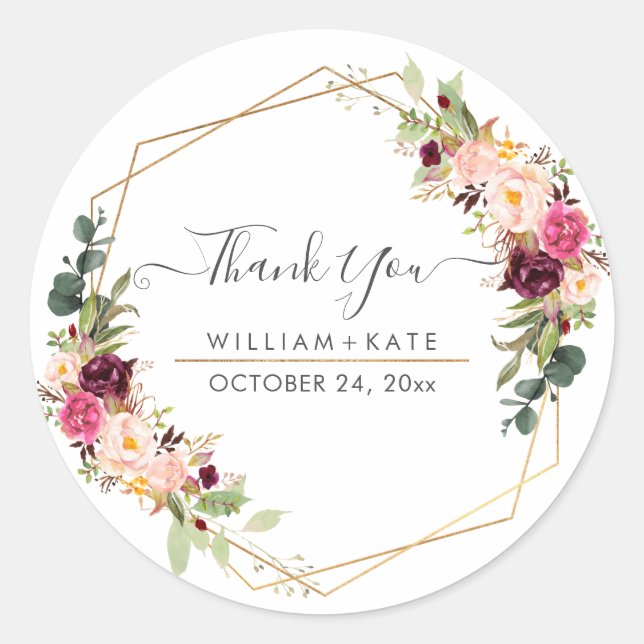 Rustic Boho Blush Burgundy Eucalyptus Thank You Classic Round Sticker (Front)