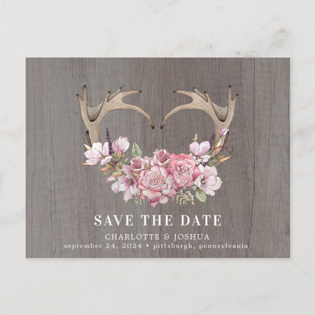 Rustic Boho Blush Floral Antlers Save the Date Ann Announcement Postcard (Front)