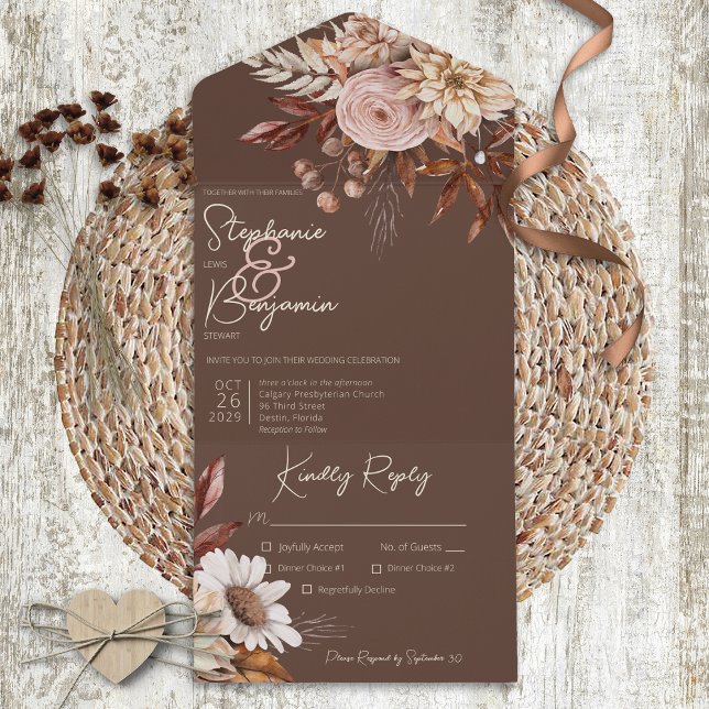 Rustic Boho Blush Neutrals Floral Brown Dinner All In One Invitation (Creator Uploaded)